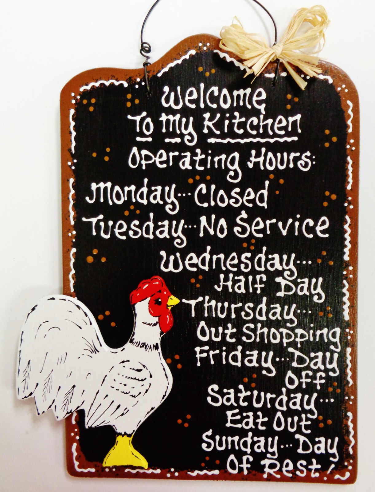 ROOSTER SIGN Kitchen Operating Hours WALL HANGER PLAQUE Country Chicken Decor