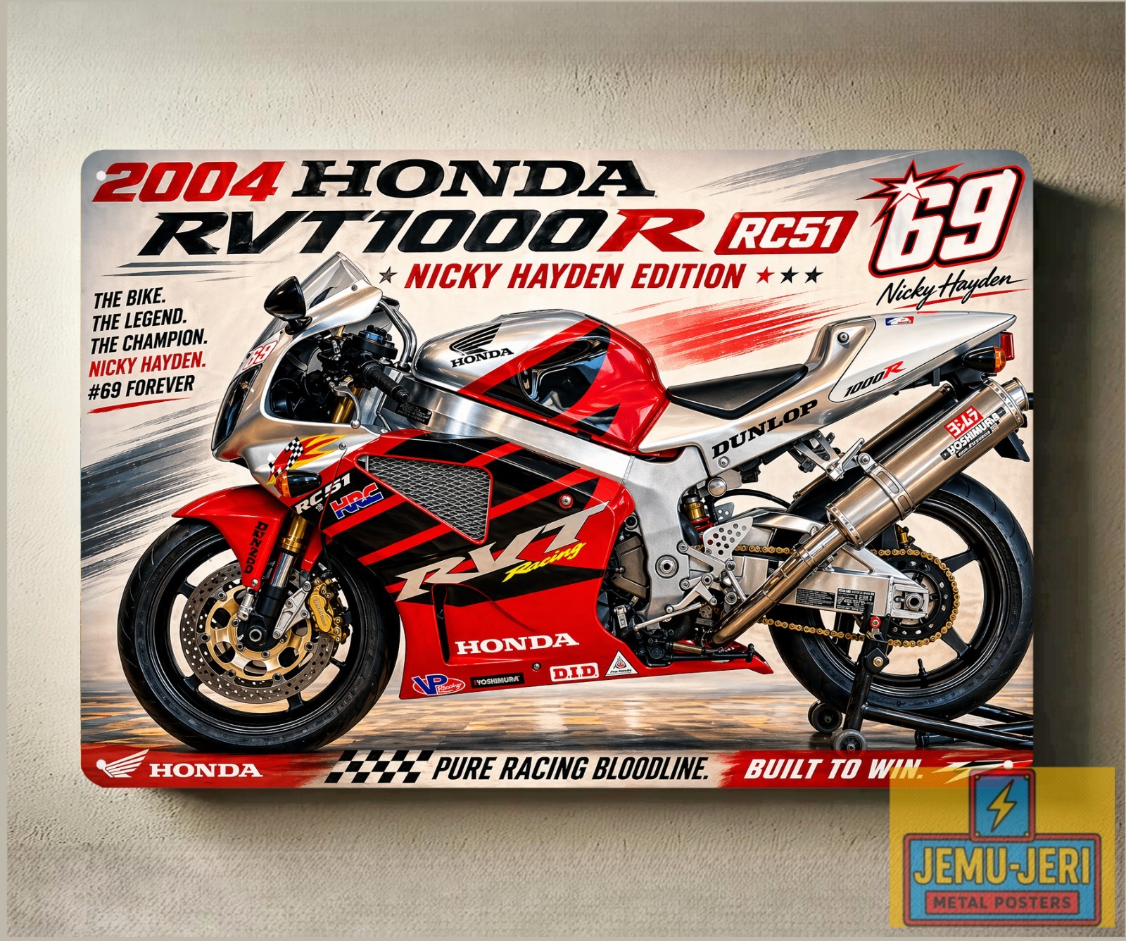 2004 Honda RVT1000R RC51 Nicky Hayden Motorcycle Metal Poster 30x20cm Sign