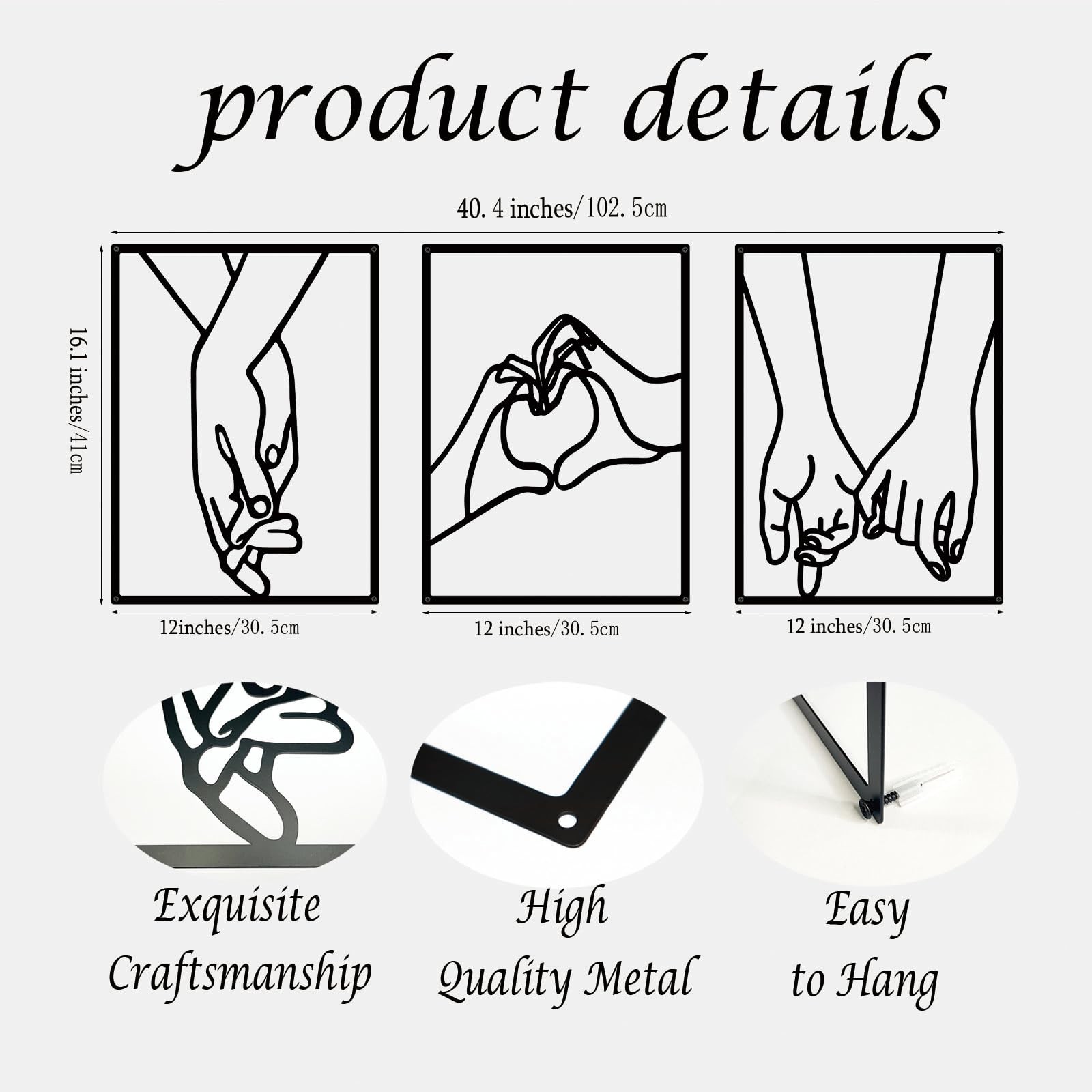 3 PCS Minimalist Heart Hands Black Metal Wall Decor Abstract Line Art Art