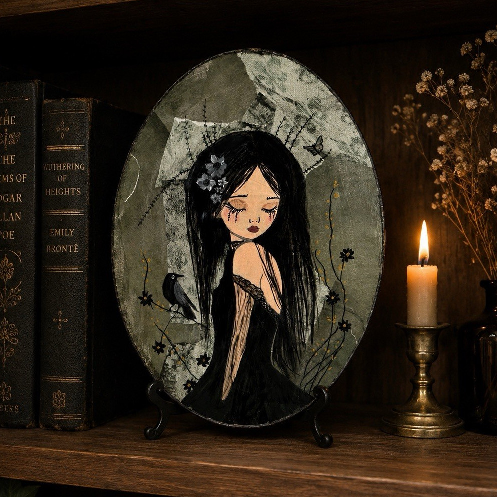 Lisa Rainwater Savill Whispers in the Shadows Oval Canvas Wall Plaque Raven Girl