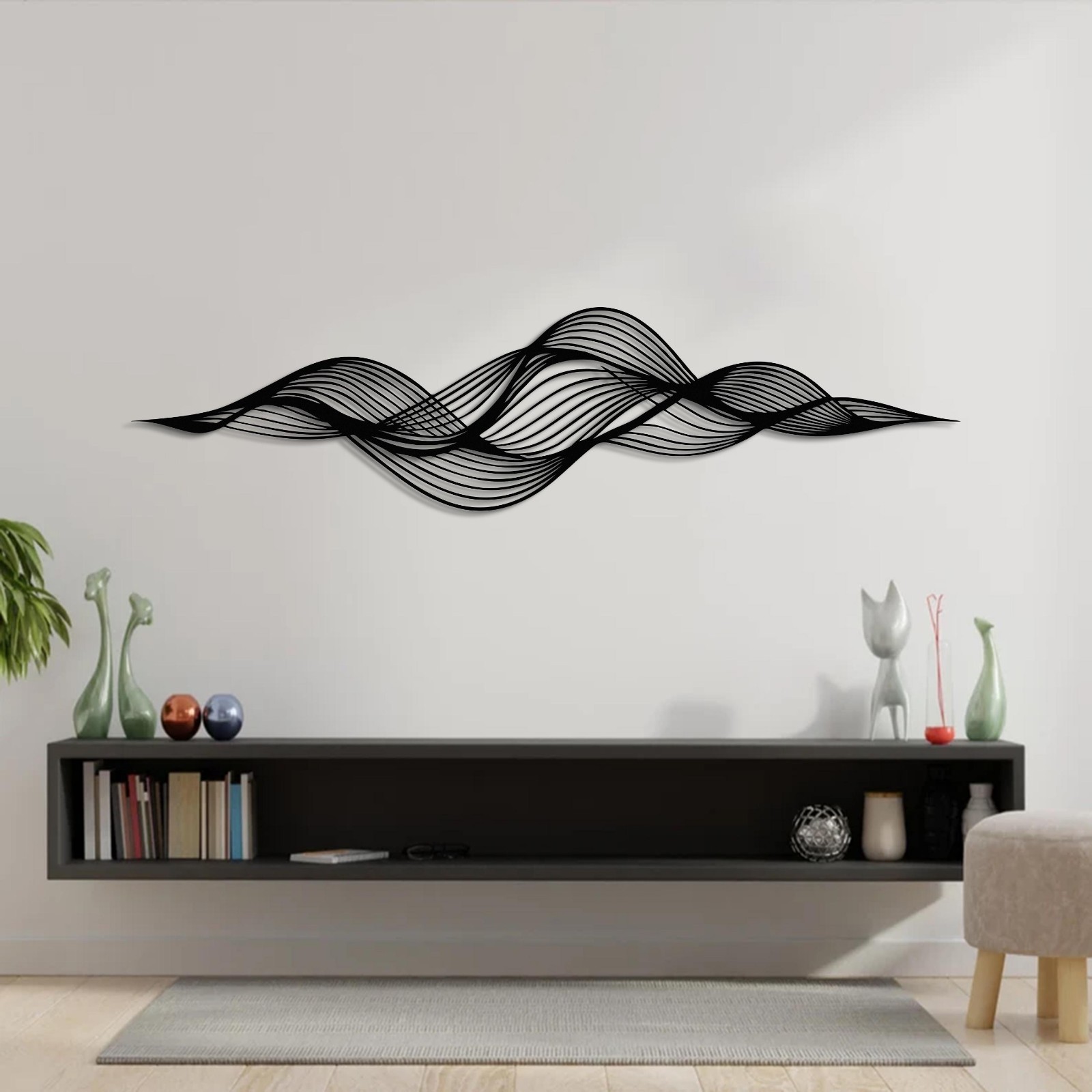 Modern Abstract Flow Metal Wall Art, Horizontal Wave Design, Minimal Black Metal