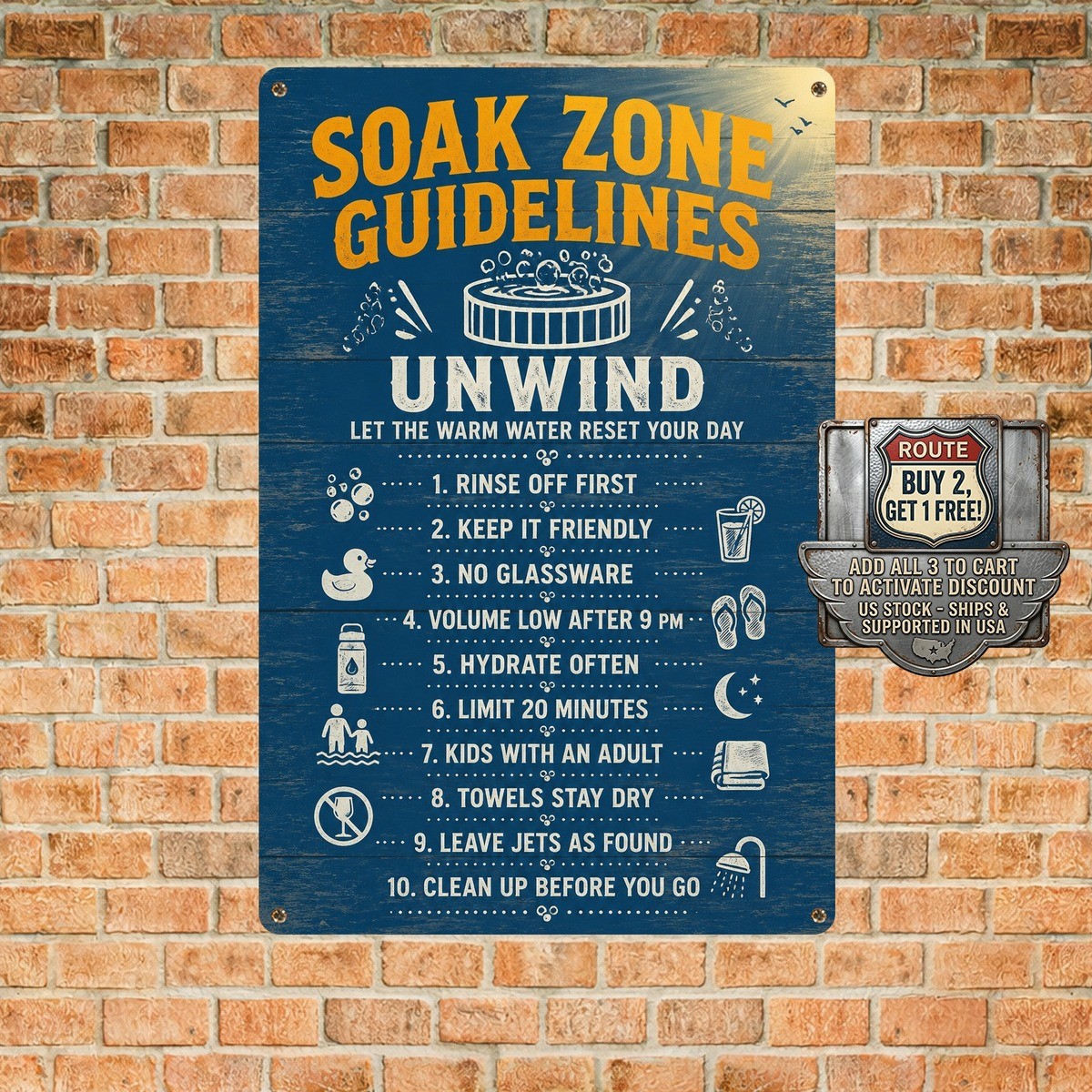 Rustic Iron Tub Rules Metal Sign Bathroom Washroom Wall Art 8×12
