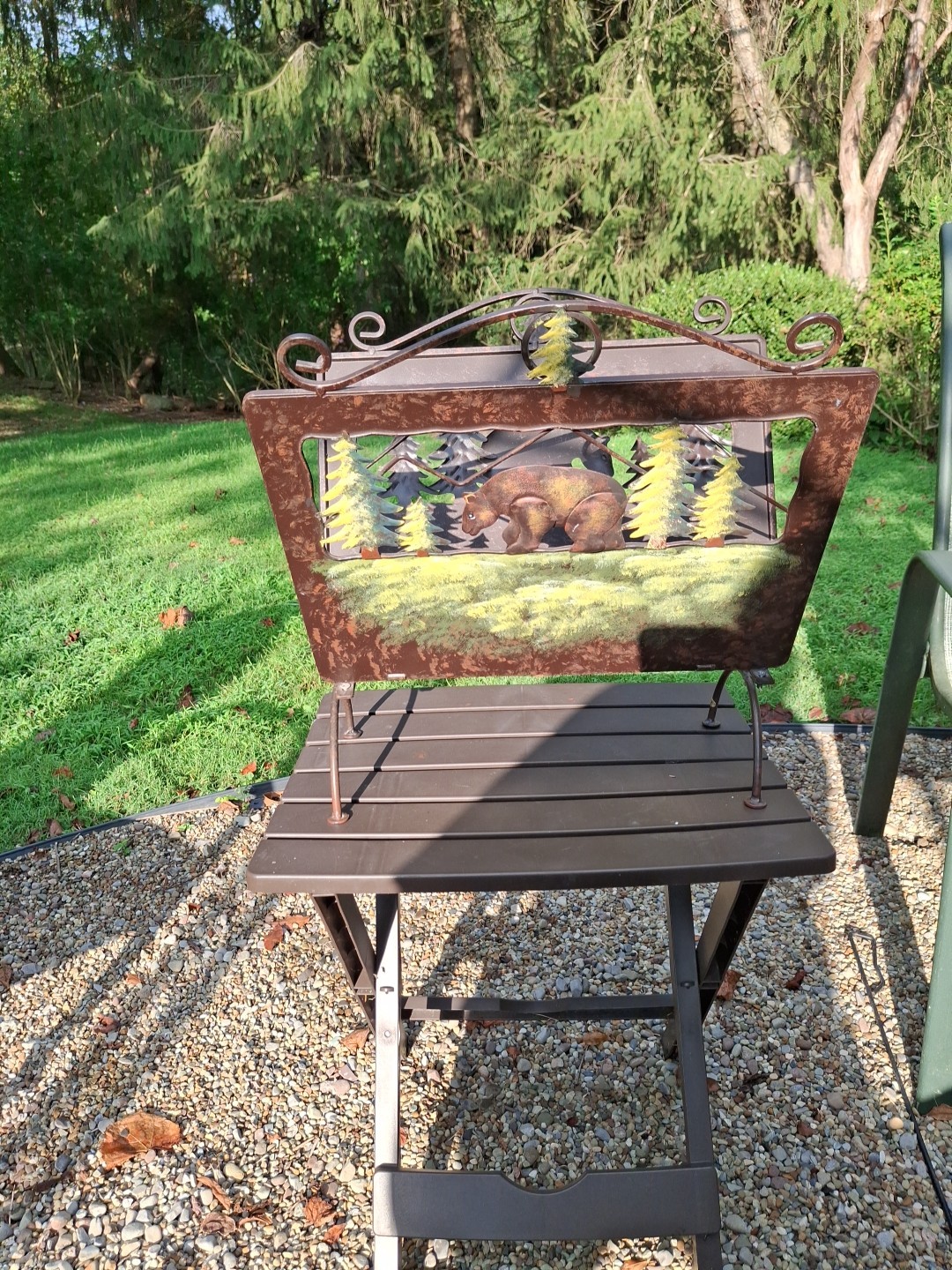 Firewood Carrier Holder Magazine Metal Silhouette Cut Out Bear Trees Cabin Woods