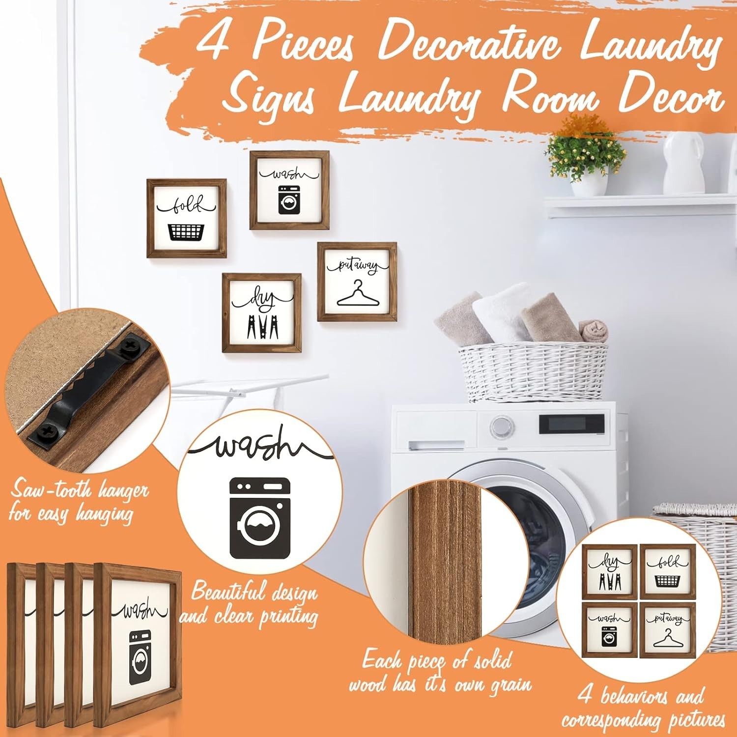 Laundry Room Decor for Wall Farmhouse Signs Set of 4 Wash Dry Fold Put Away R…