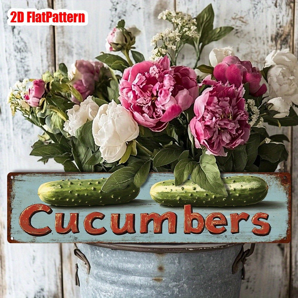 Vintage Metal Cucumbers Sign Rustic Farmhouse Kitchen Garden Wall Decor 16×4in