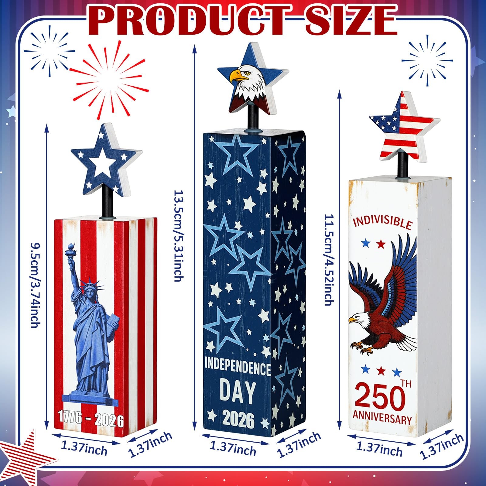 3 Pcs 250th Anniversary Patriotic Decorations 4th of July Table Block Signs M…