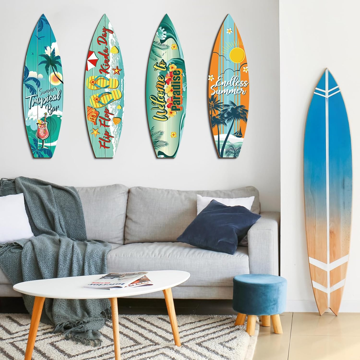 Tatuo 4 Pcs Surfboard Decor Hawaiian Wooden Beach Wall Decor Tiki Tropical Bar D