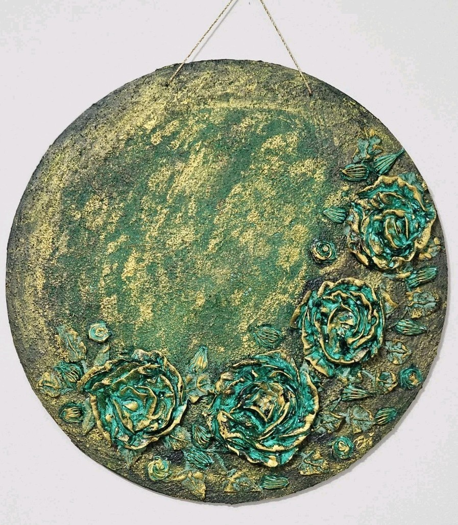 Textured Green & Gold Round Wall Art, Floral Relief Hanging Decor 3D