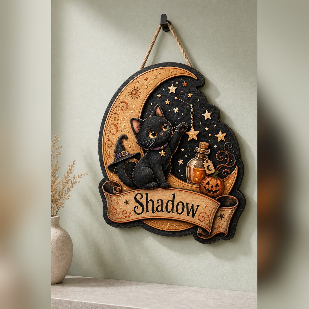 Custom Name Door Sign Black Cat Moon Wooden Halloween Decor