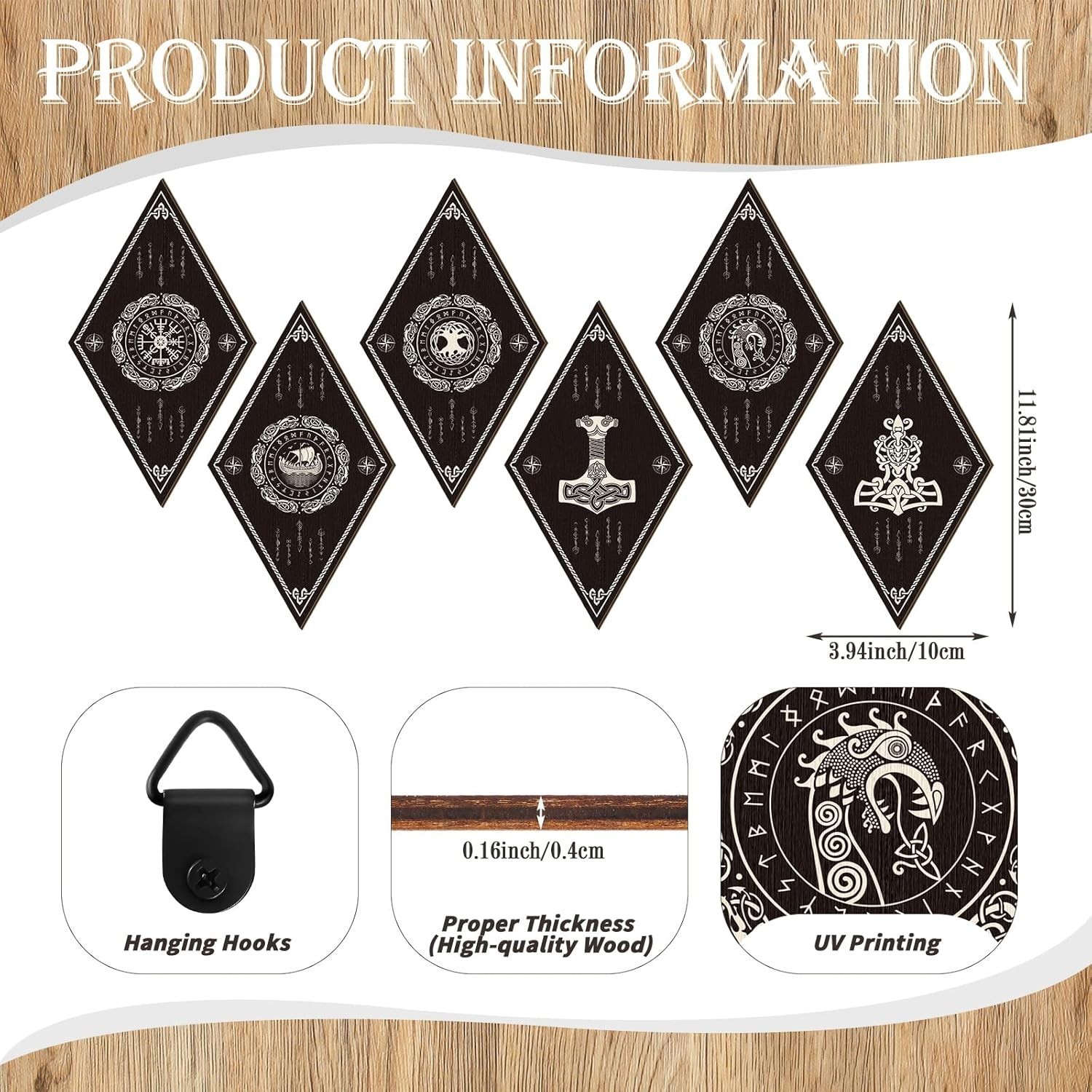 6 Pcs Nordic Viking Rune Wall Art – Engraved Wooden Signs for Home Decor