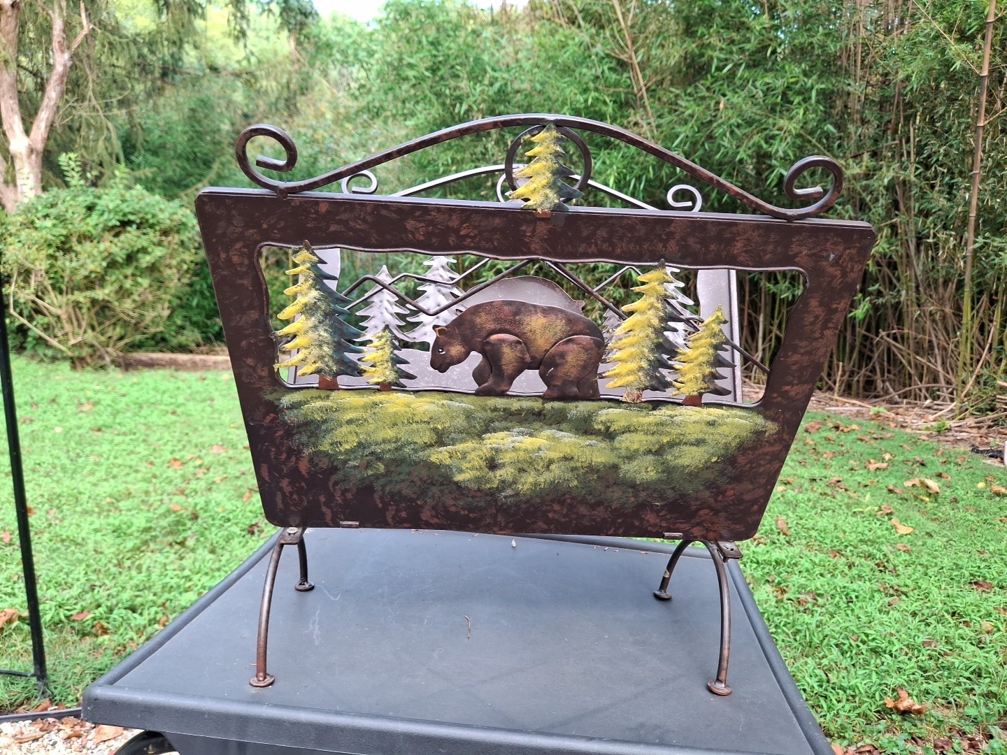 Firewood Carrier Holder Magazine Metal Silhouette Cut Out Bear Trees Cabin Woods