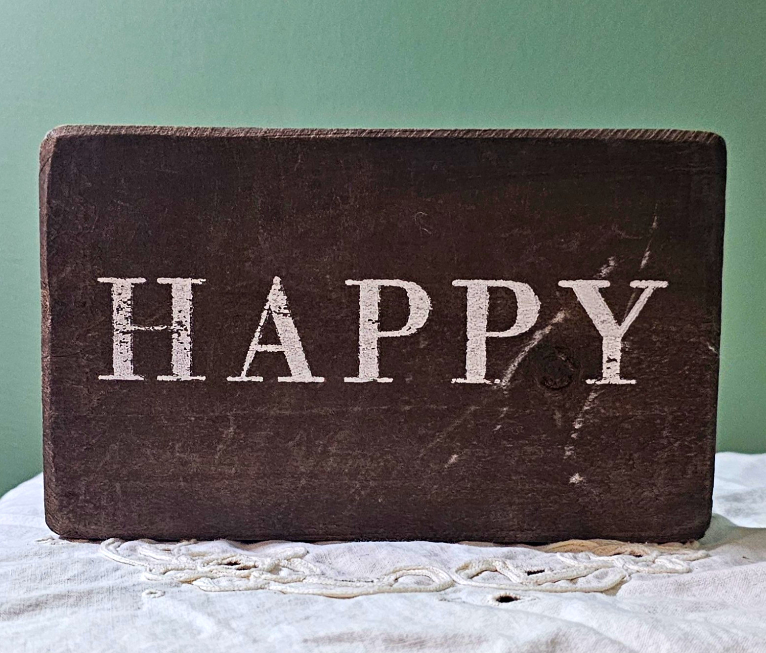 Rustic Wood Tabletop Freestanding Sign “HAPPY” Lettering Brown/White 9 in