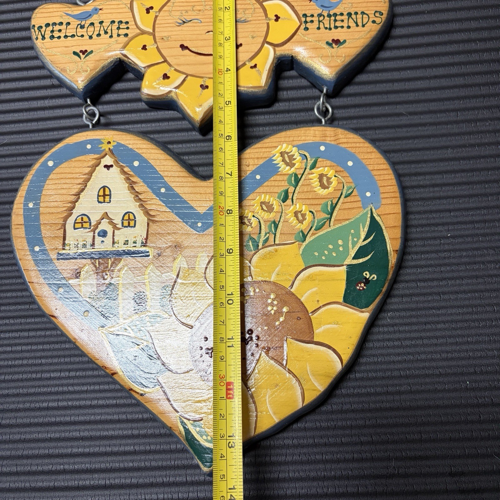 Vintage Country Cottage Wooden Welcome Sign, Hand Painted Sunflower & Birdhouse