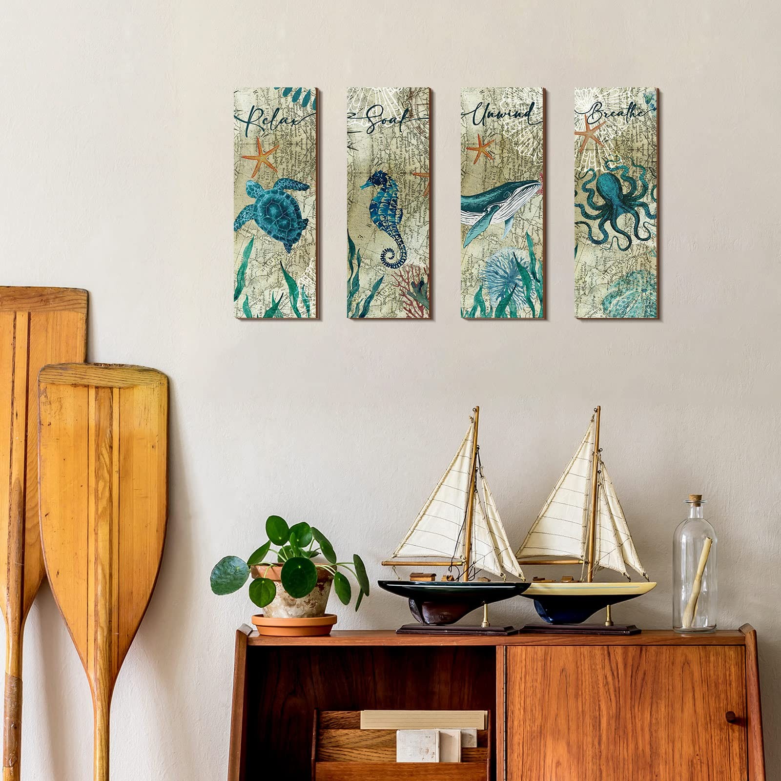 4 Pieces Beach Bathroom Decor Wall Sign Ocean Decor Sea Turtle Wall Art Nautical