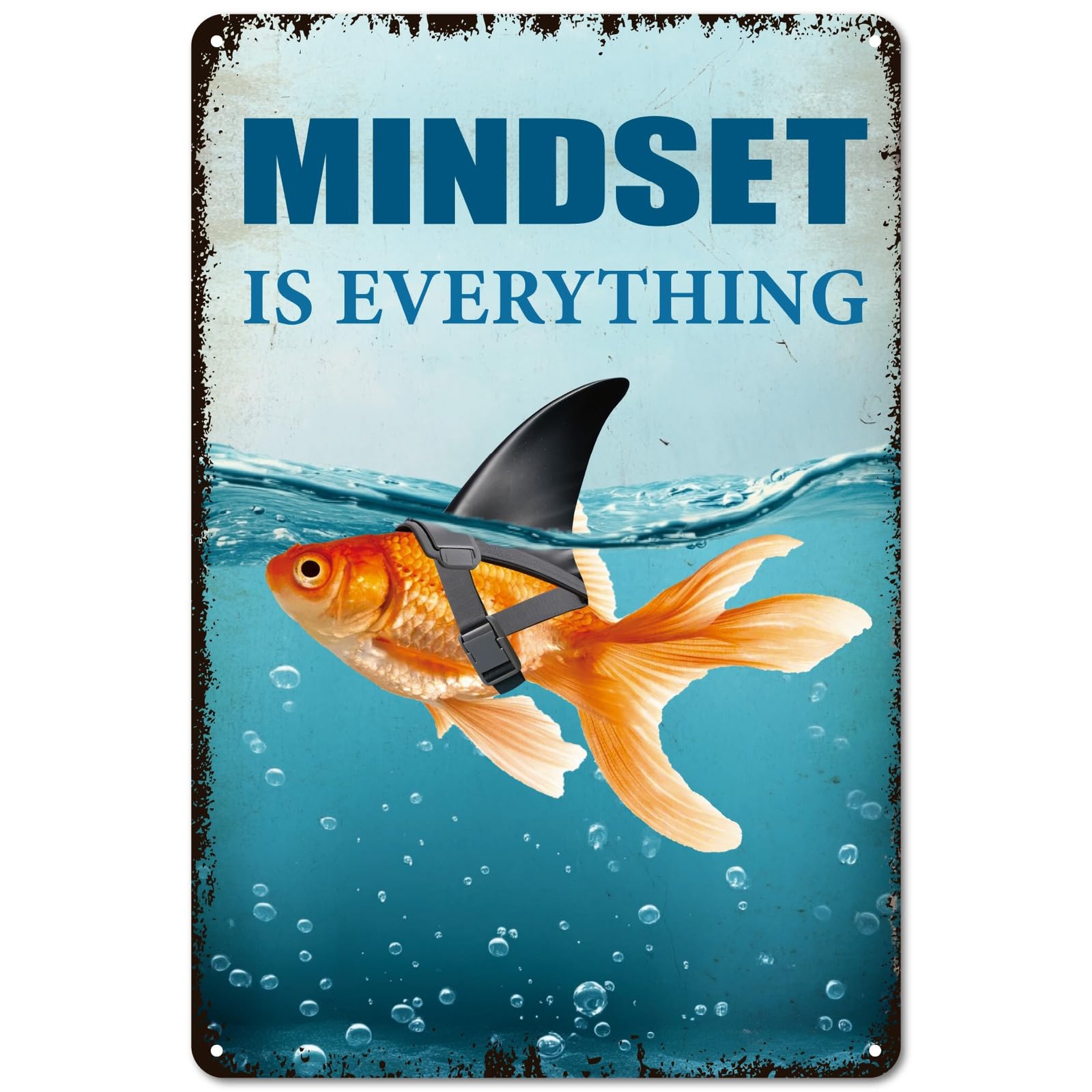 Goldfish Shark Mindset Metal Tin Sign 8×12 Ocean Wall Decor Inspirational Gift