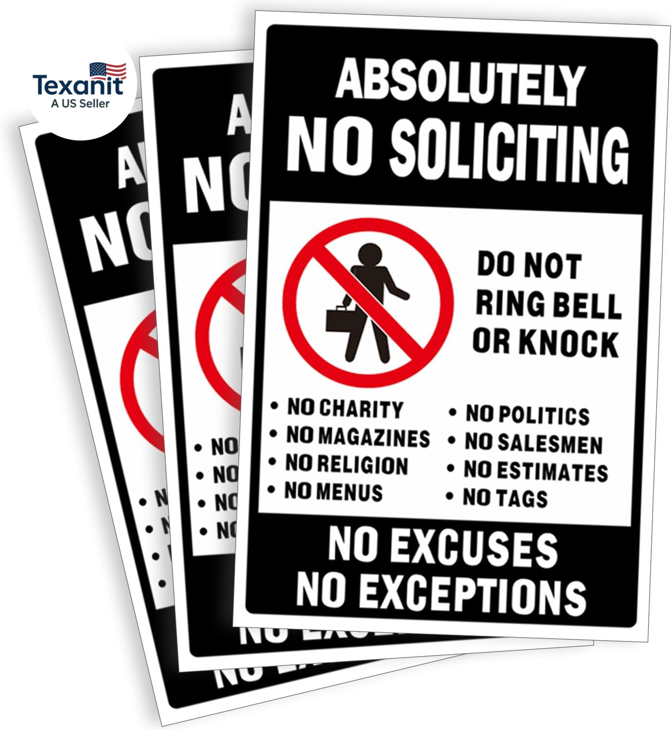 No Soliciting Sign for Front Door, 3 Pack 6X4 Inch Reflective Vinyl Stickers for