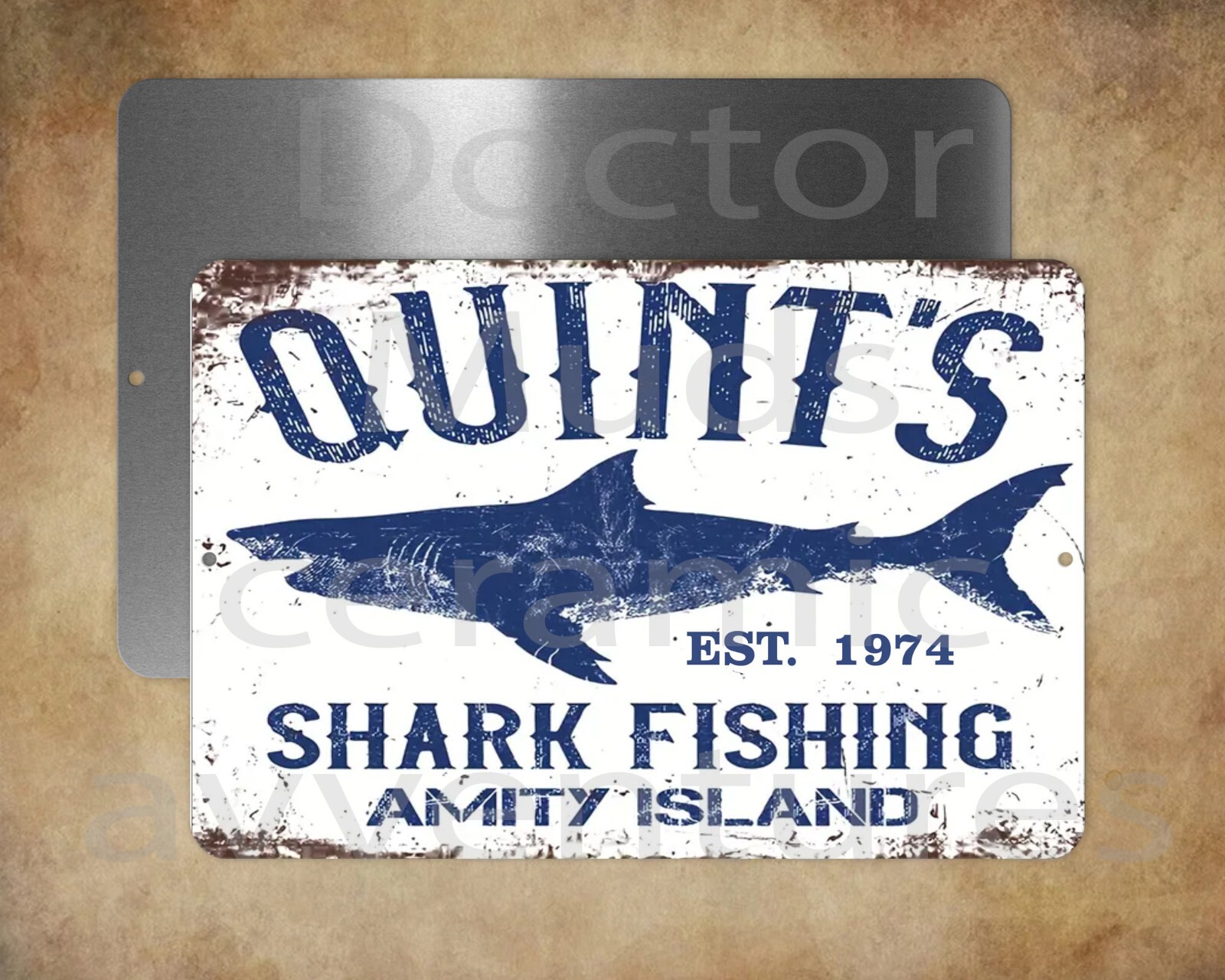 LARGER STYLE QUINTS Shark Fishing Amity Island JAWS 12″ X 18″ sign Made in USA
