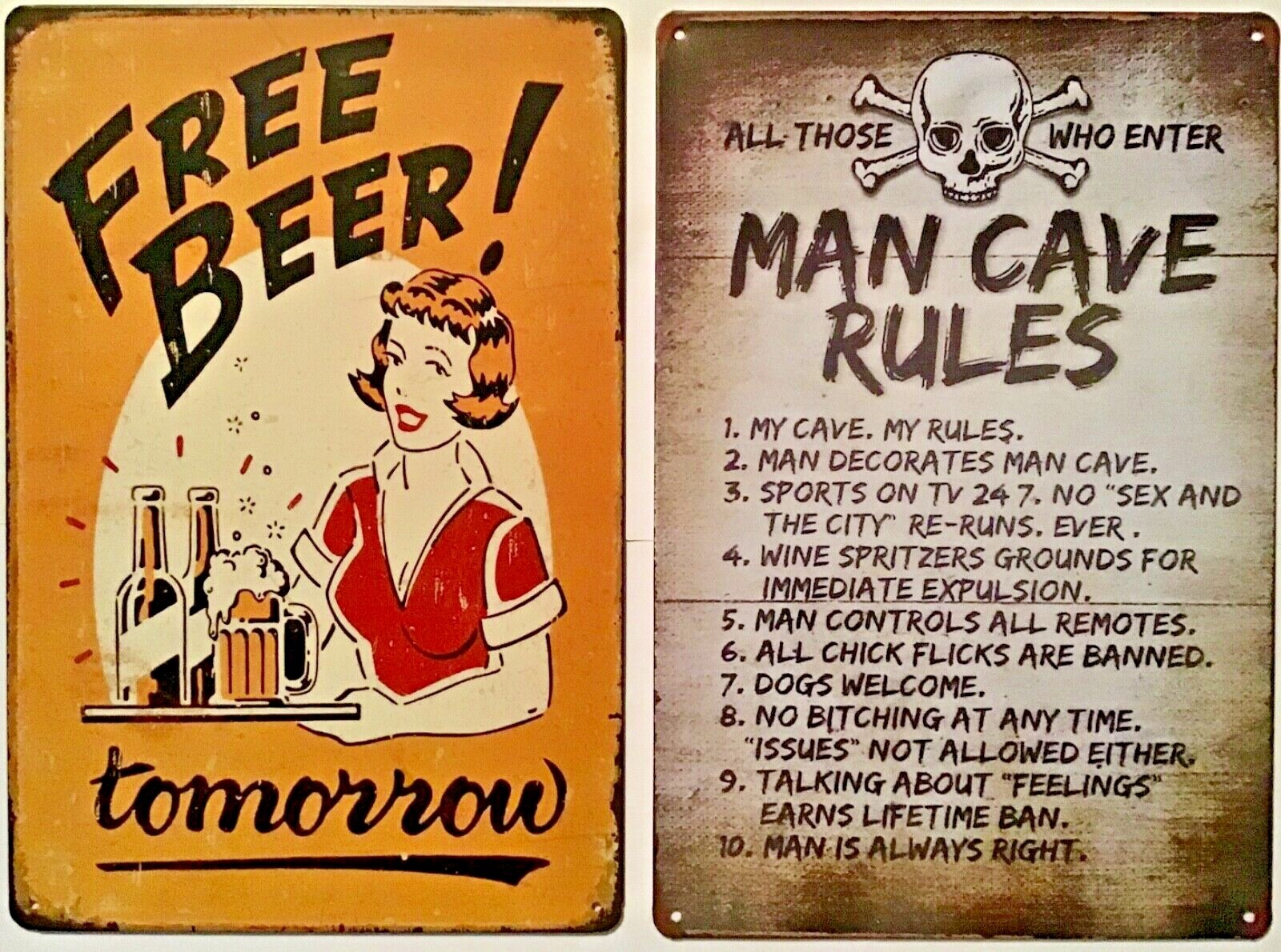 8×12 TIN SIGNS 2pc SET Beer free funny man cave rules vintage door wall plaques
