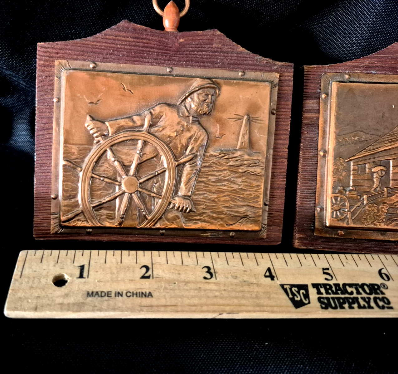 Vintage Embossed Copper Wood Wall Plaque Folk Art Scene Albert Nadeau Rustic