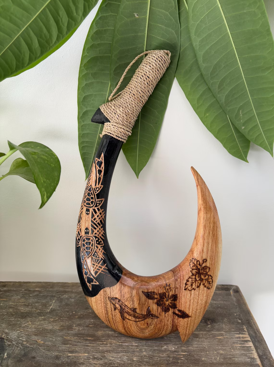 Hawaiian Hand Made Wall Home Decor Solid Black Wood Polynesian Tribal Fish Hook