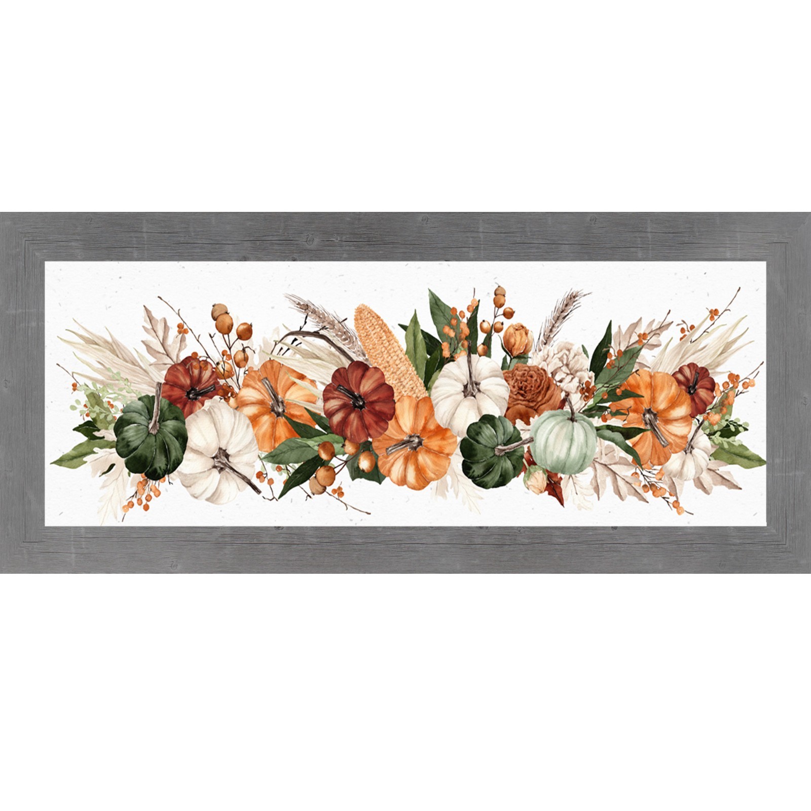 Harvest Wide Landscape Fall Framed Wall Art Watercolor Pumpkin Corn Wheat Farmho