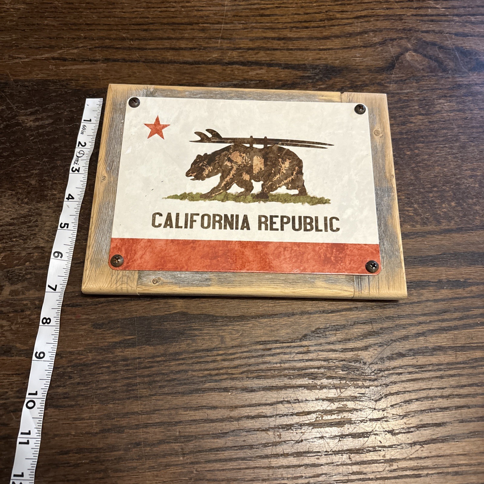 California Surfing Bear Flag Vintage Style Wall Picture On Wood