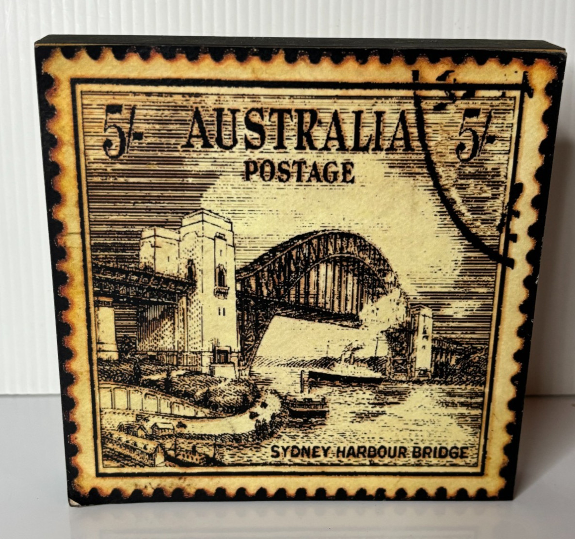 Australian Postage Stamp Sydney Harbour Bridge Wall Art Wood Plaque Sign Vintage