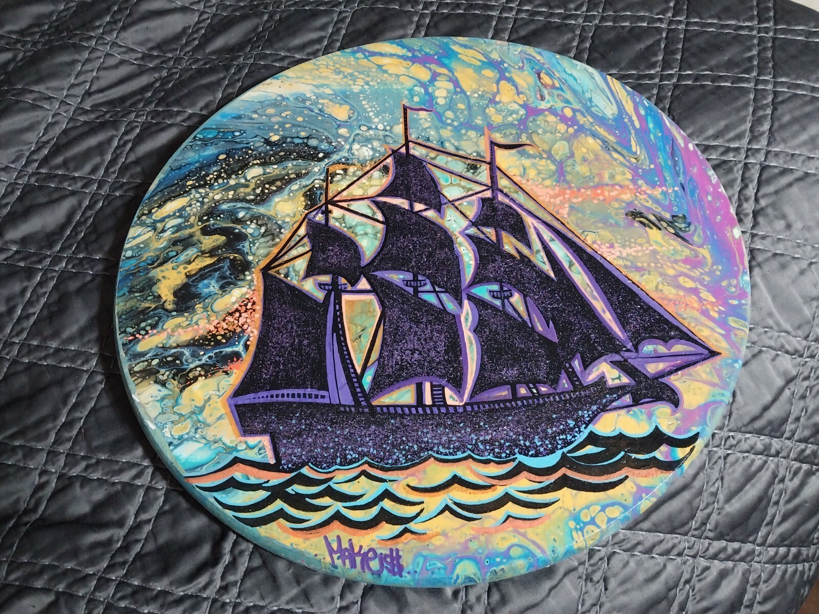 Clipper Ship Painting On Round Wood – 18 X 18 Inches – Original – Ready To Hang
