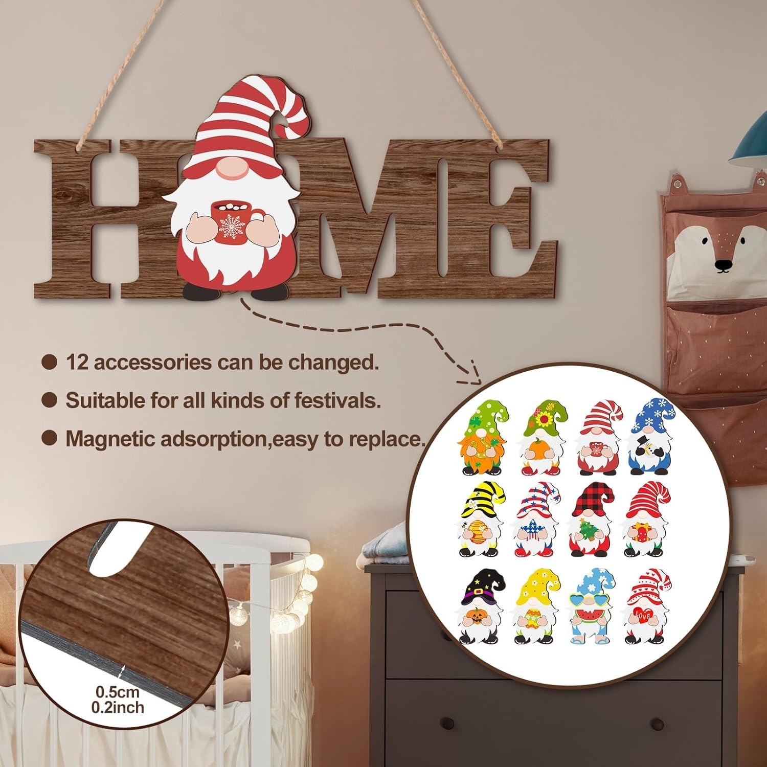 Wooden 3D Gnome Door Sign with 12 Interchangeable Themes for All Seasons