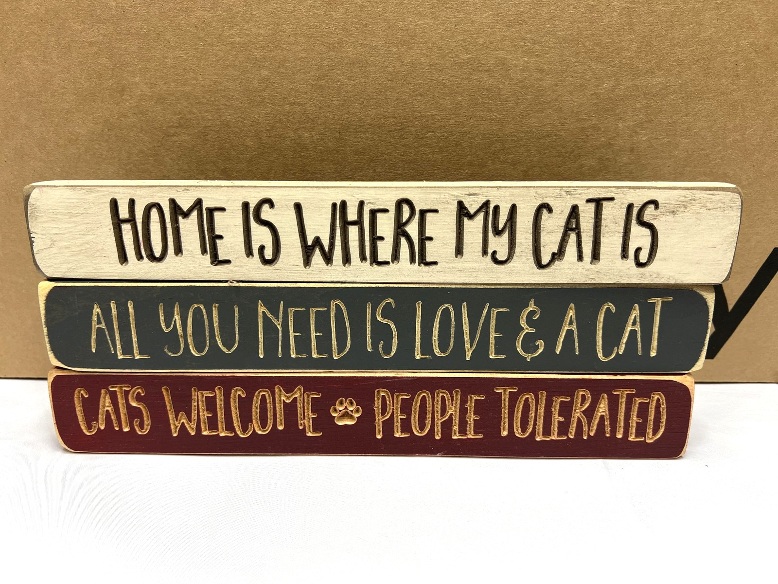 Cat Lover Wood Signs Set Home Decor Made in USA Funny Gifts Rustic Shelf Sitter