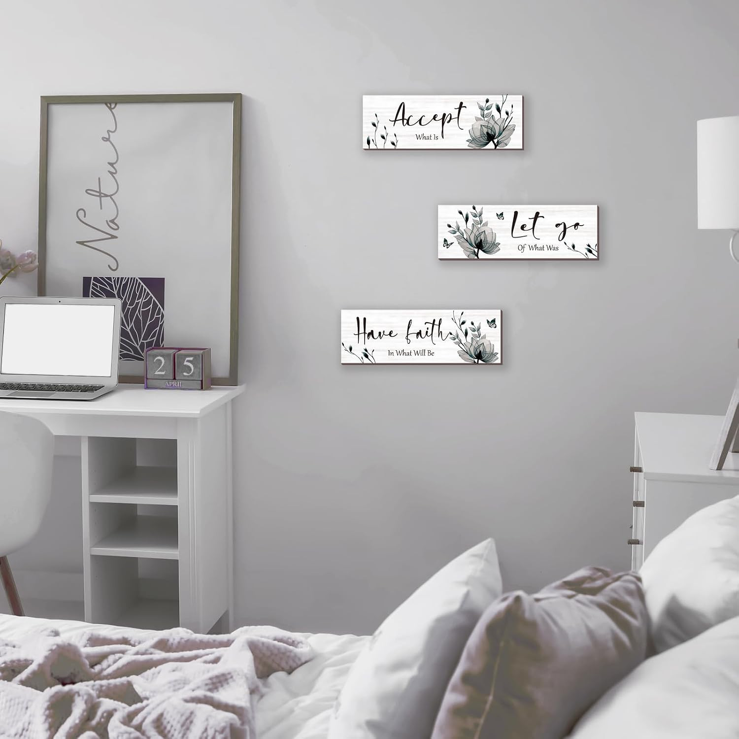 3 Pcs Black And White Bathroom Decor Rustic Flower Black Wall Art Accept Let Go