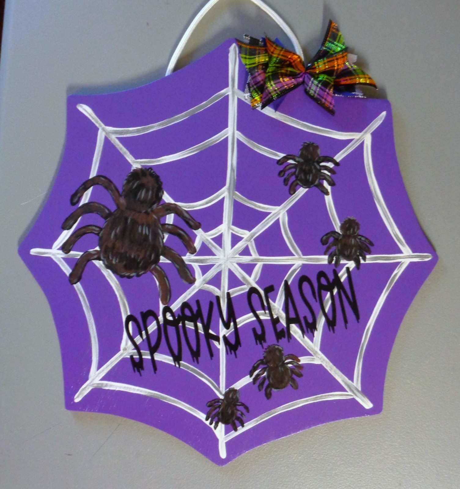SPOOKY SEASON Spider Halloween Purple Sign Wall Hanger Web Plaque Seasonal Decor