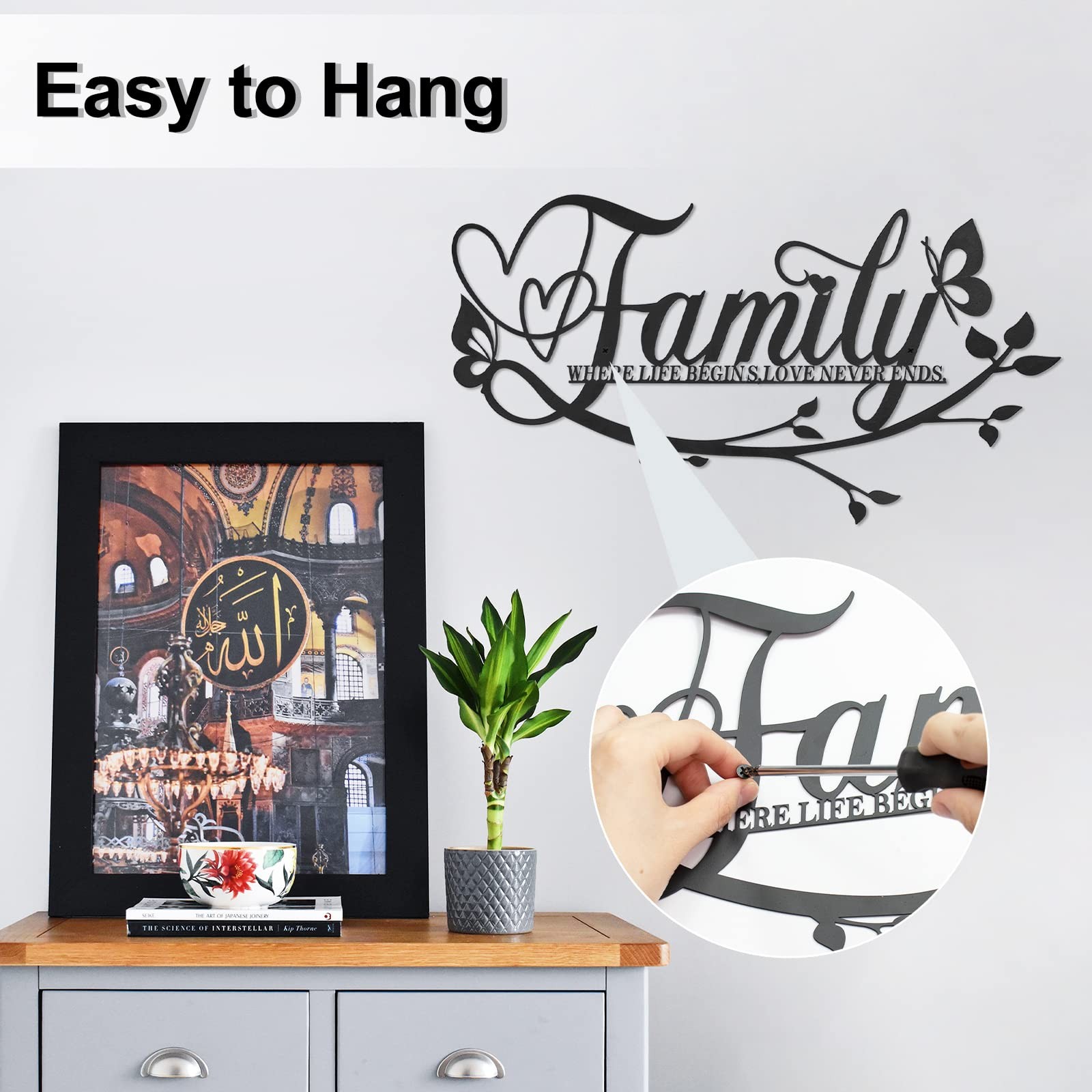 Family Where Life Begins Love Never Ends Word Sign Metal Wall Decor, Black Ho…