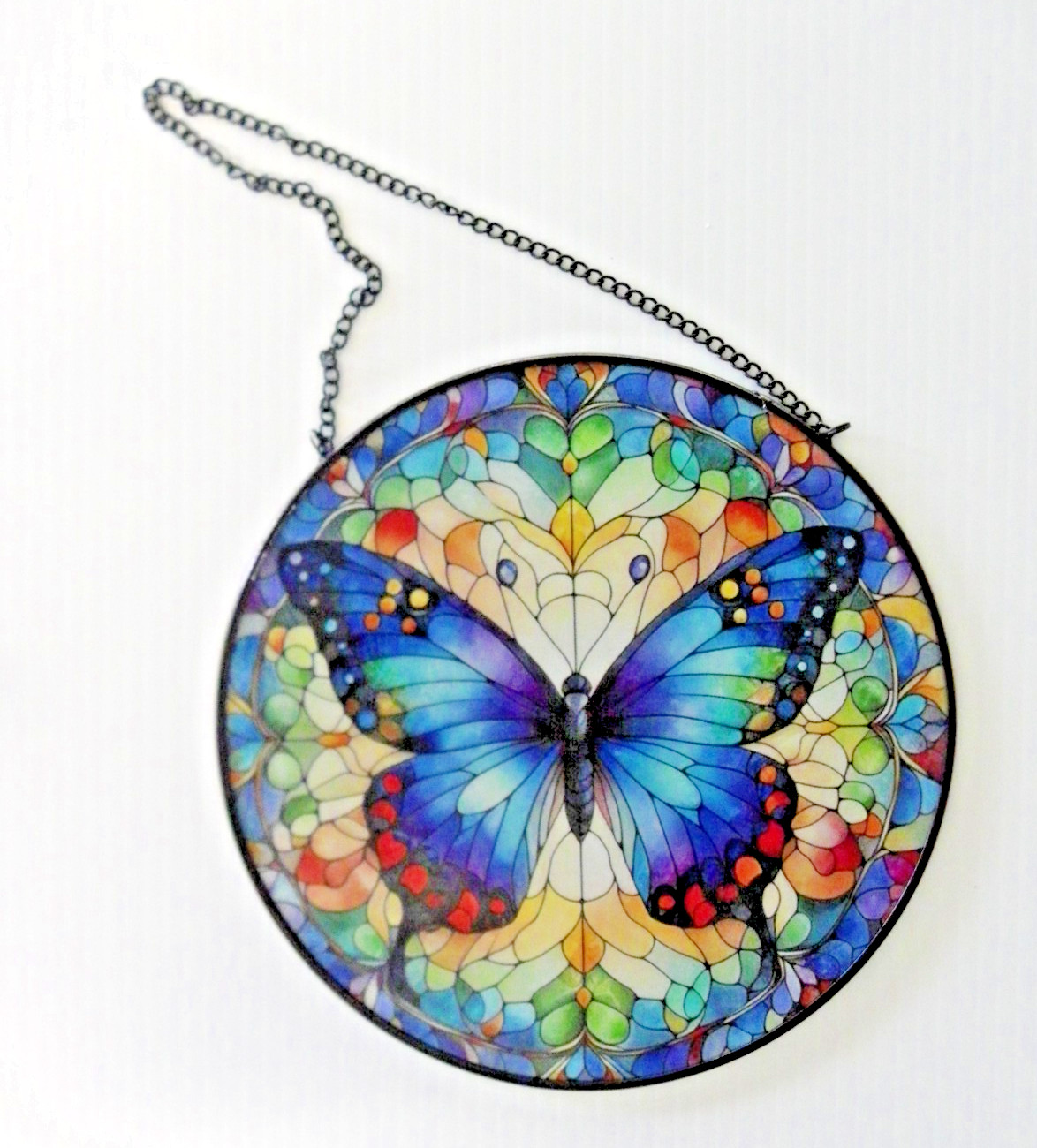 Blue Butterfly Suncatcher Multicolor Geometric Window Art Stained Glass Style 8″