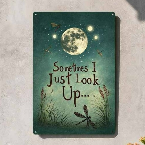 Sometimes I Just Look Up Metal Sign Moon Dragonfly Quote Rustic Wall Decoration