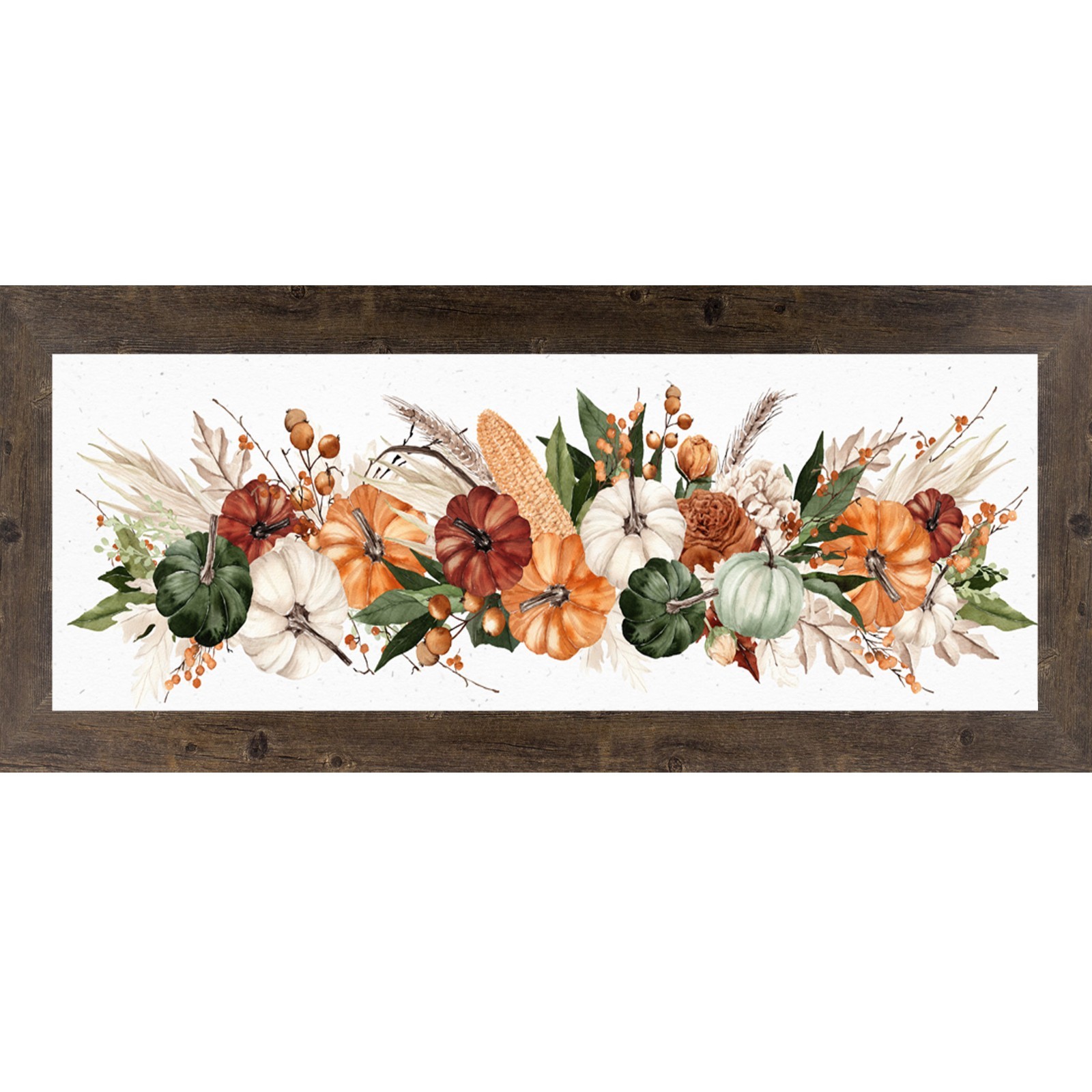 Harvest Wide Landscape Fall Framed Wall Art Watercolor Pumpkin Corn Wheat Farmho