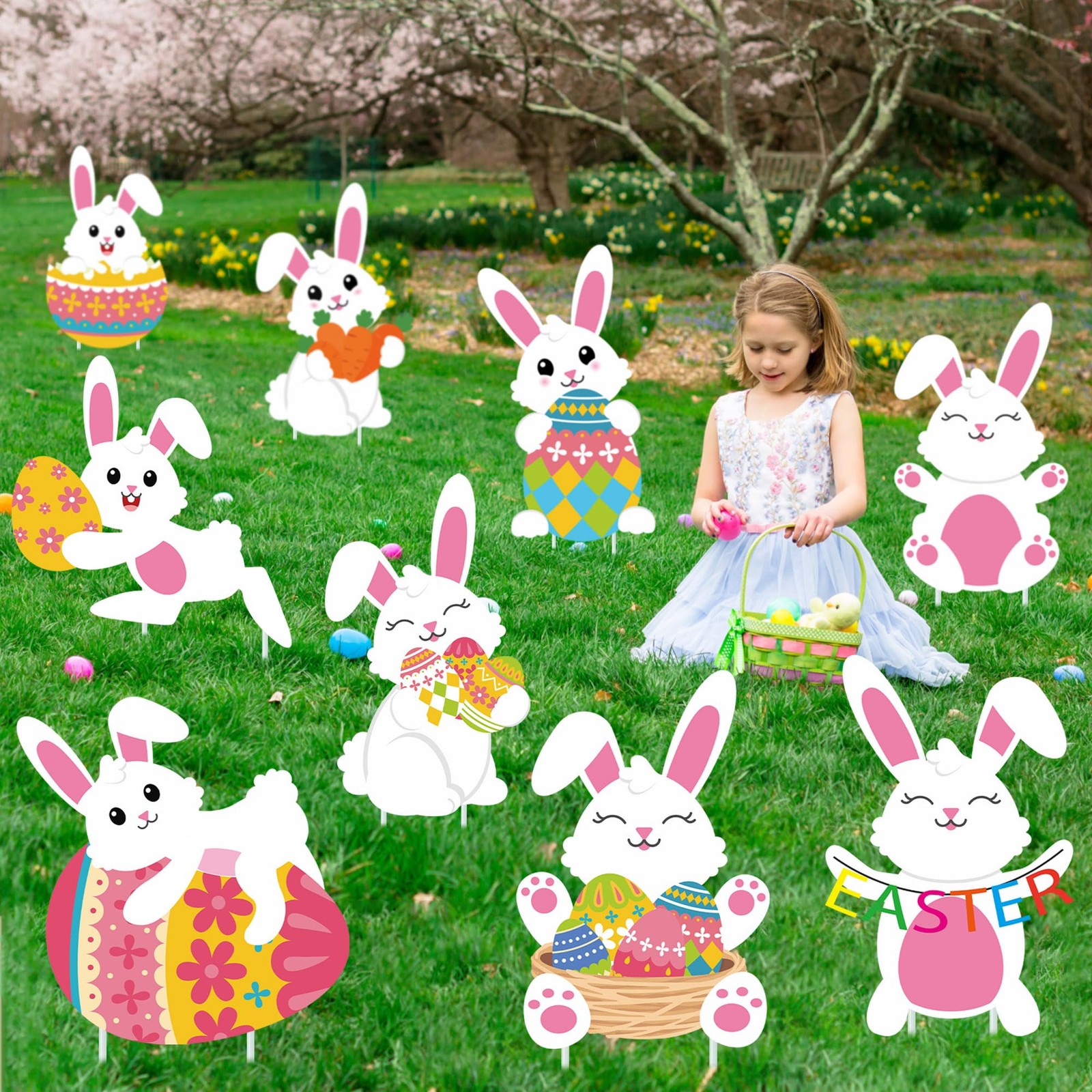 9 PCS Easter Yard Signs Easter Bunny Outdoor Sign with Stakes Bunny Egg Garde…