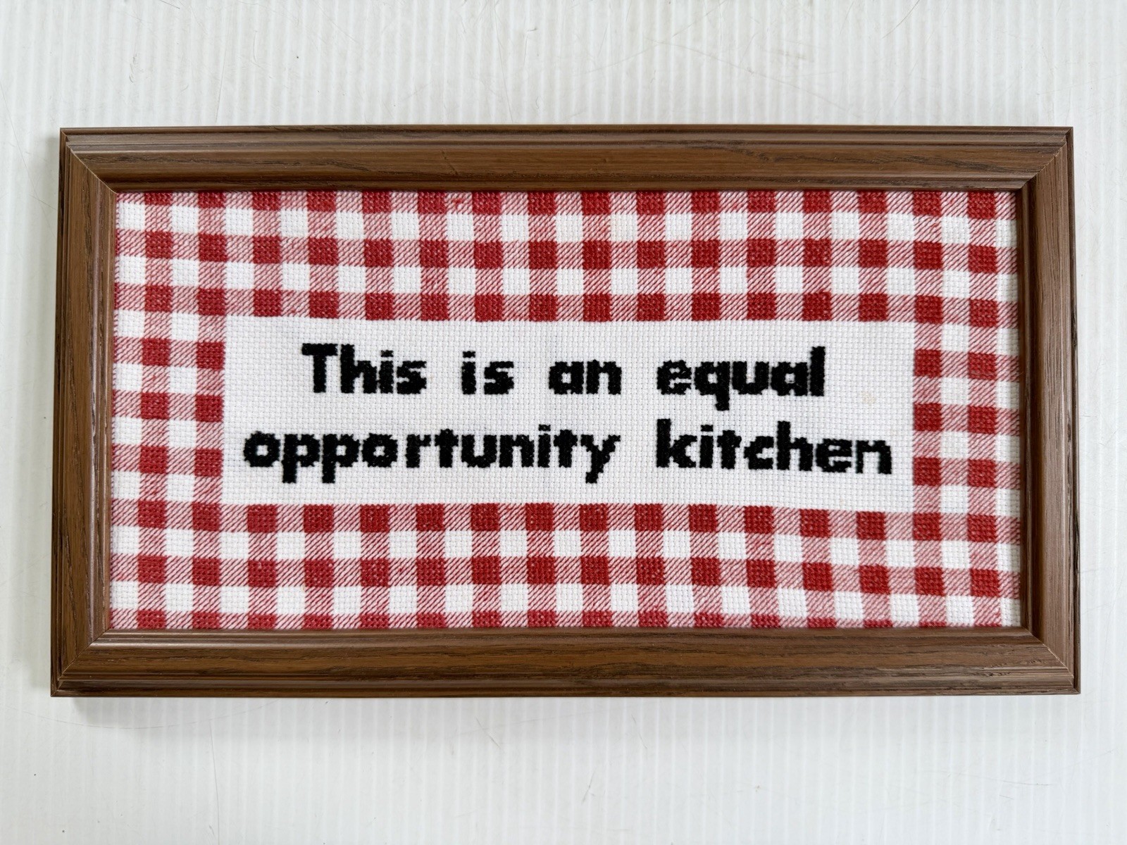 “This Is An Equal Opportunity Kitchen” Needlepoint Sign Plaid Gingham Farmhouse
