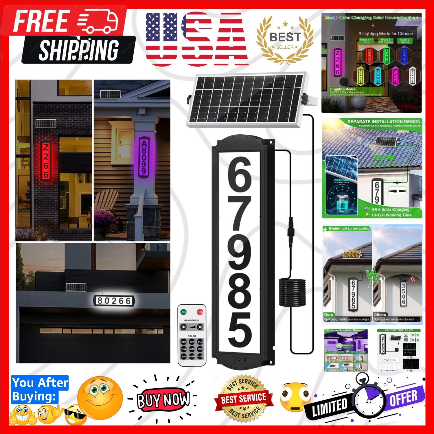 Solar House Numbers with Separate Panel, Waterproof LED Illuminated Address …