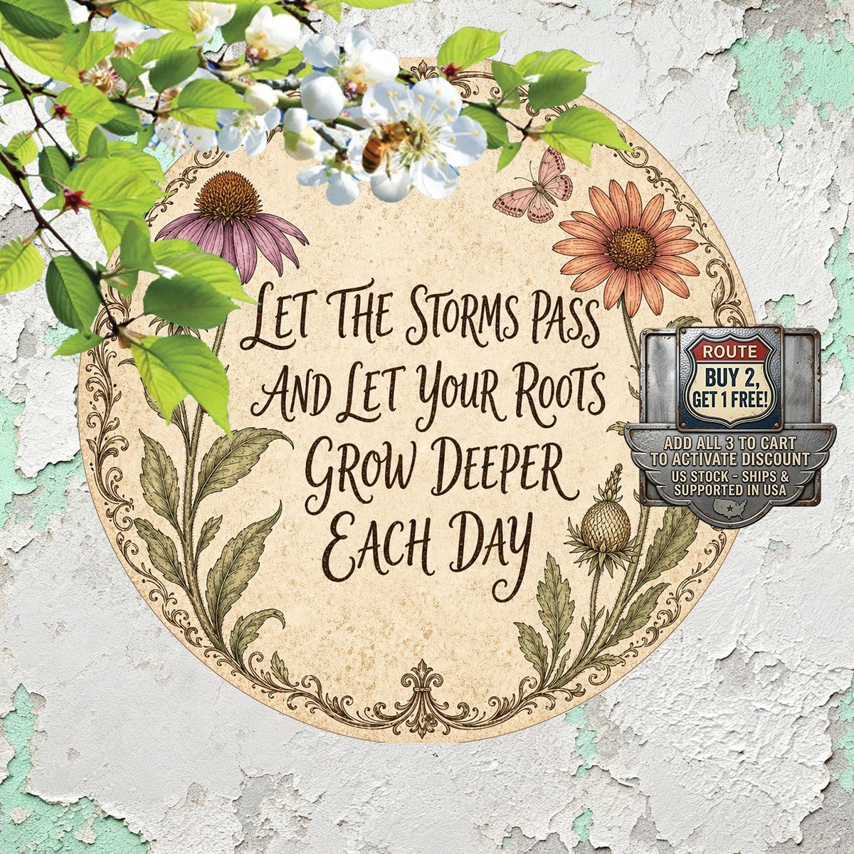 Handwritten Script Floral Quote Sign Round 8×8 inch Inspirational Metal Plaque
