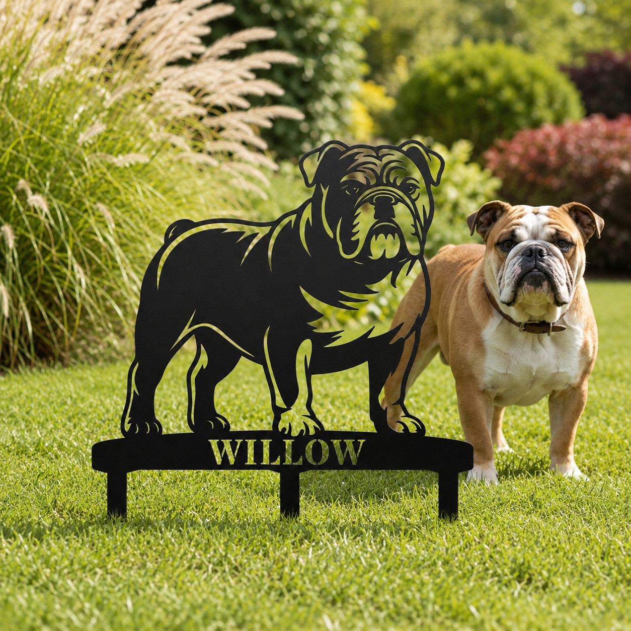 Personalized English Bulldog Garden Metal Sign With Stakes. Dog Lover Name Gift