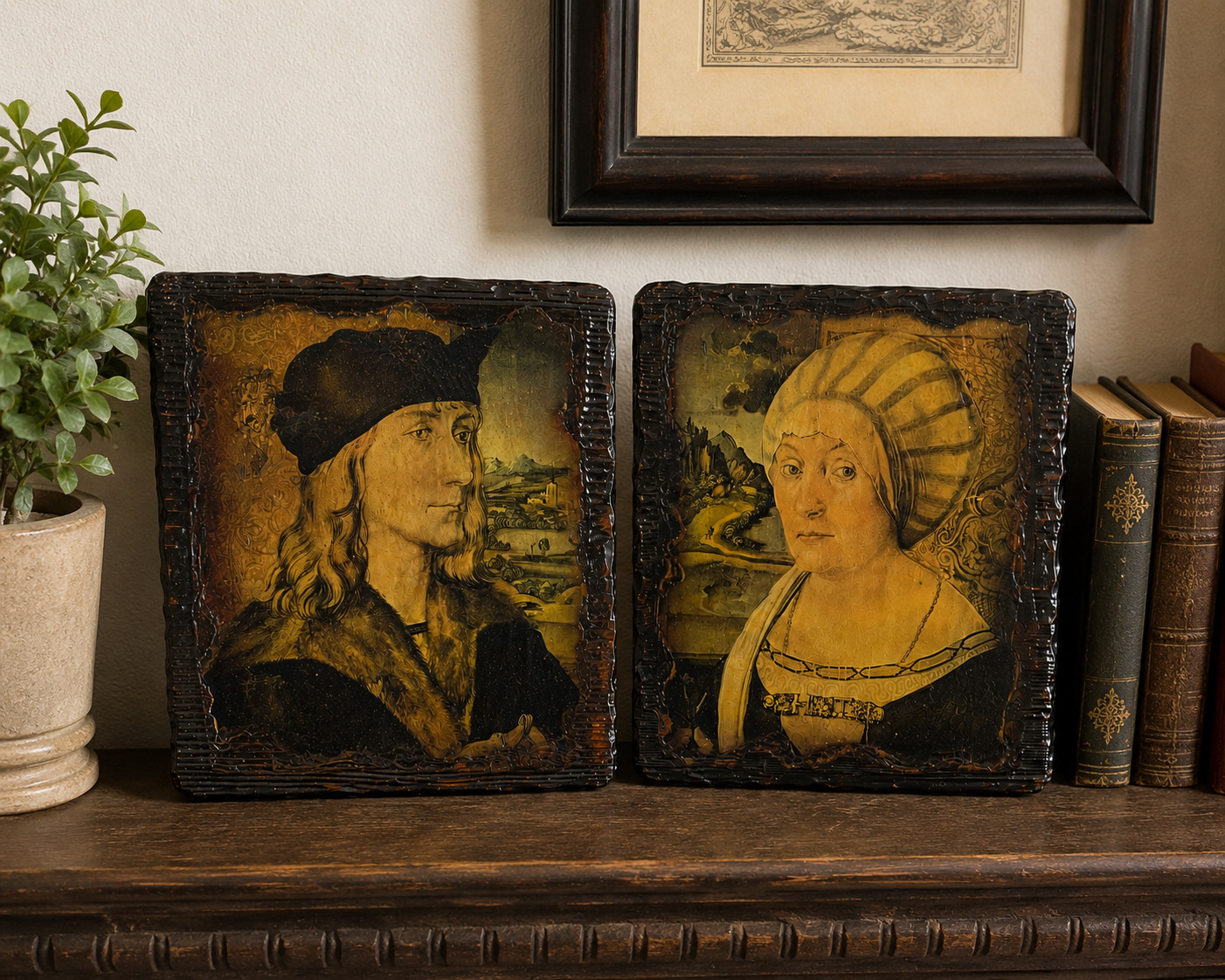 Vintage Wood Portrait Wall Plaque Set Renaissance Old World Decor Pair