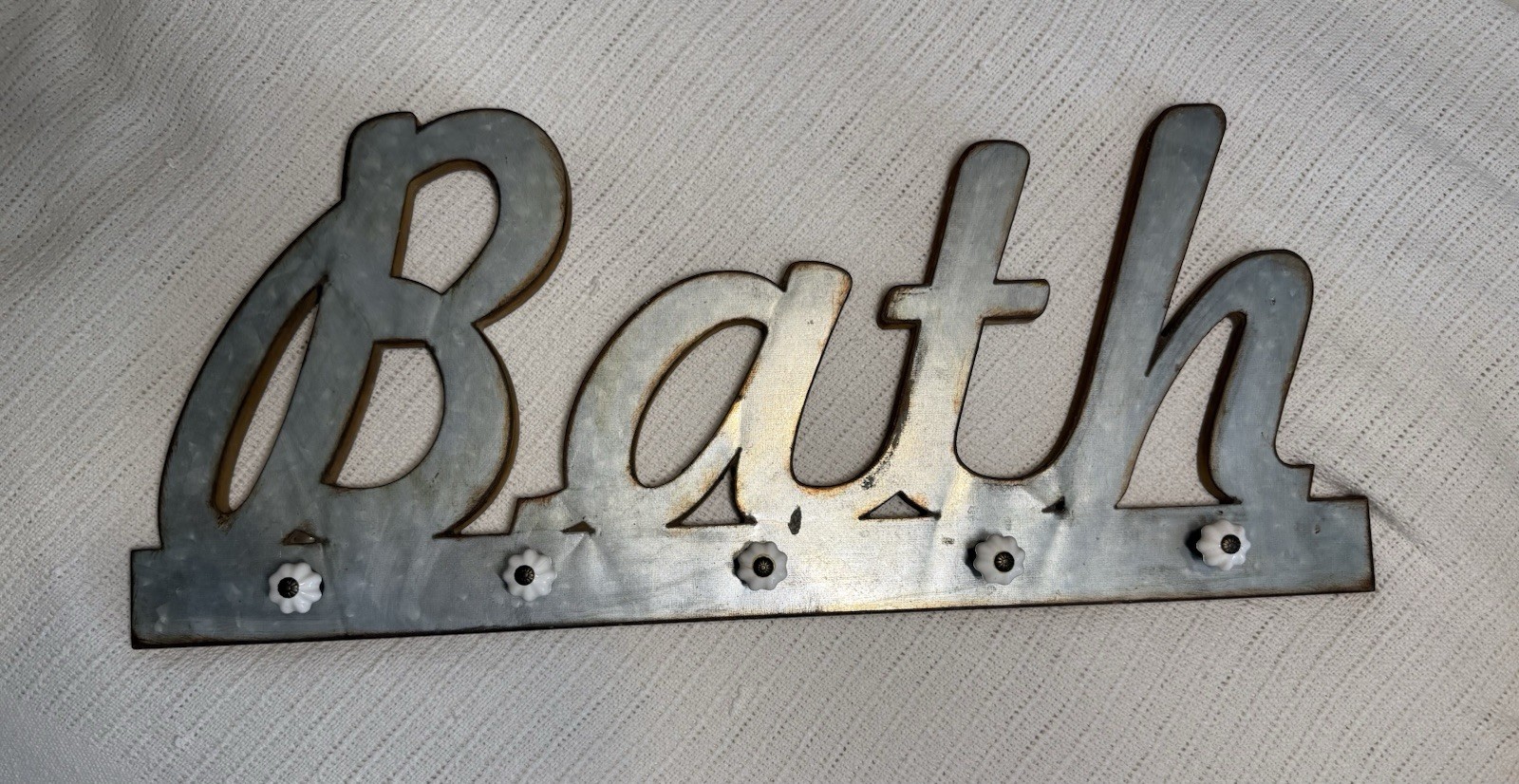 Farmhouse Cottage Core Tin/Wood Sign “Bath” Ceramic Knobs Towel Holder 24 In