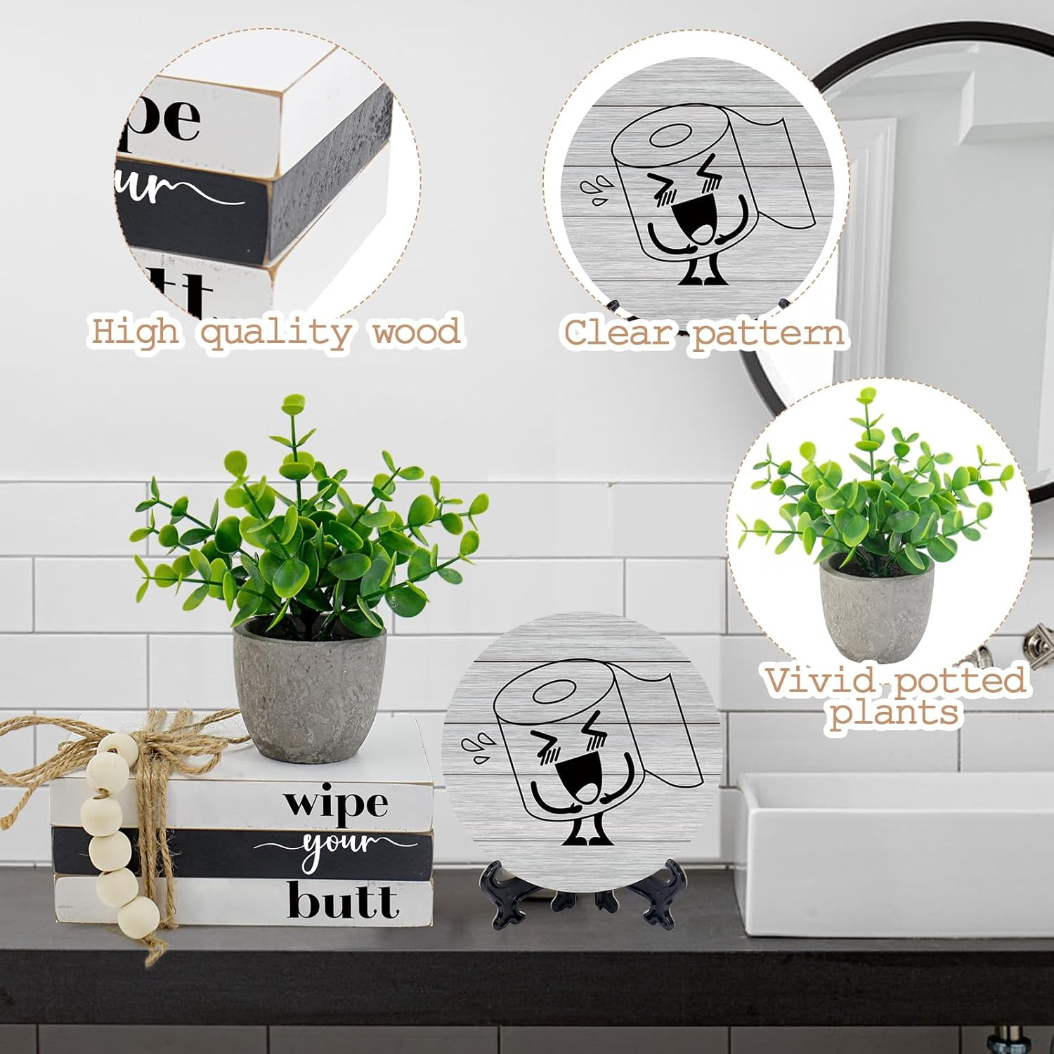 Bathroom Shelf Decor Signs, Modern Farmhouse Bathroom Decor Signs, Funny Wooden