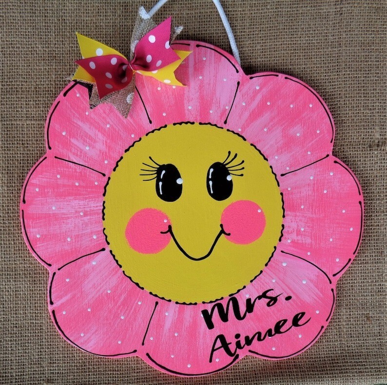 PERSONALIZED TEACHER NAME KID’s ROOM Hot Pink Flower SIGN Wall Art Door School