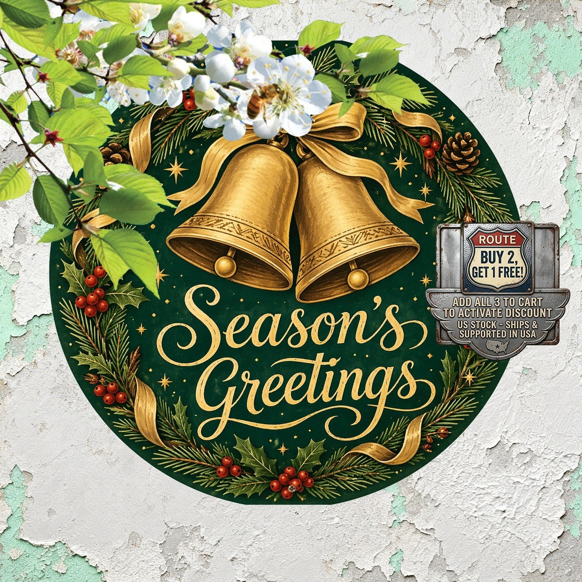 Christmas Bells Wreath Golden Twin Holly Berries Pine Round Metal Sign 8×8