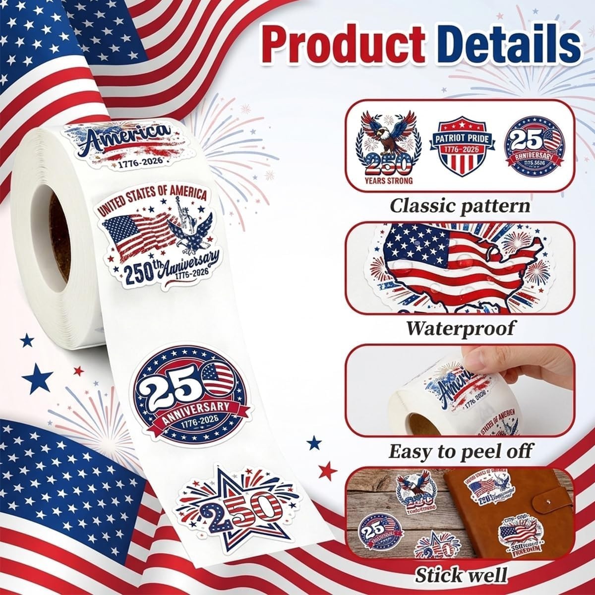 500Pcs 4th of July Patriotic Sticker Roll 1.5 Inch Patriotic 250th Anniversar…