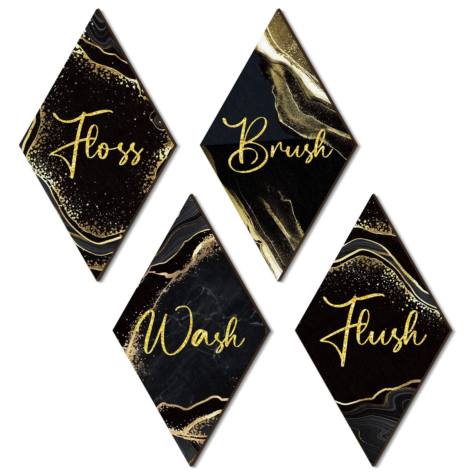 Weysat 4 Pcs Black and Gold Wooden Bathroom Wall Decor Wash Brush Floss Flush…