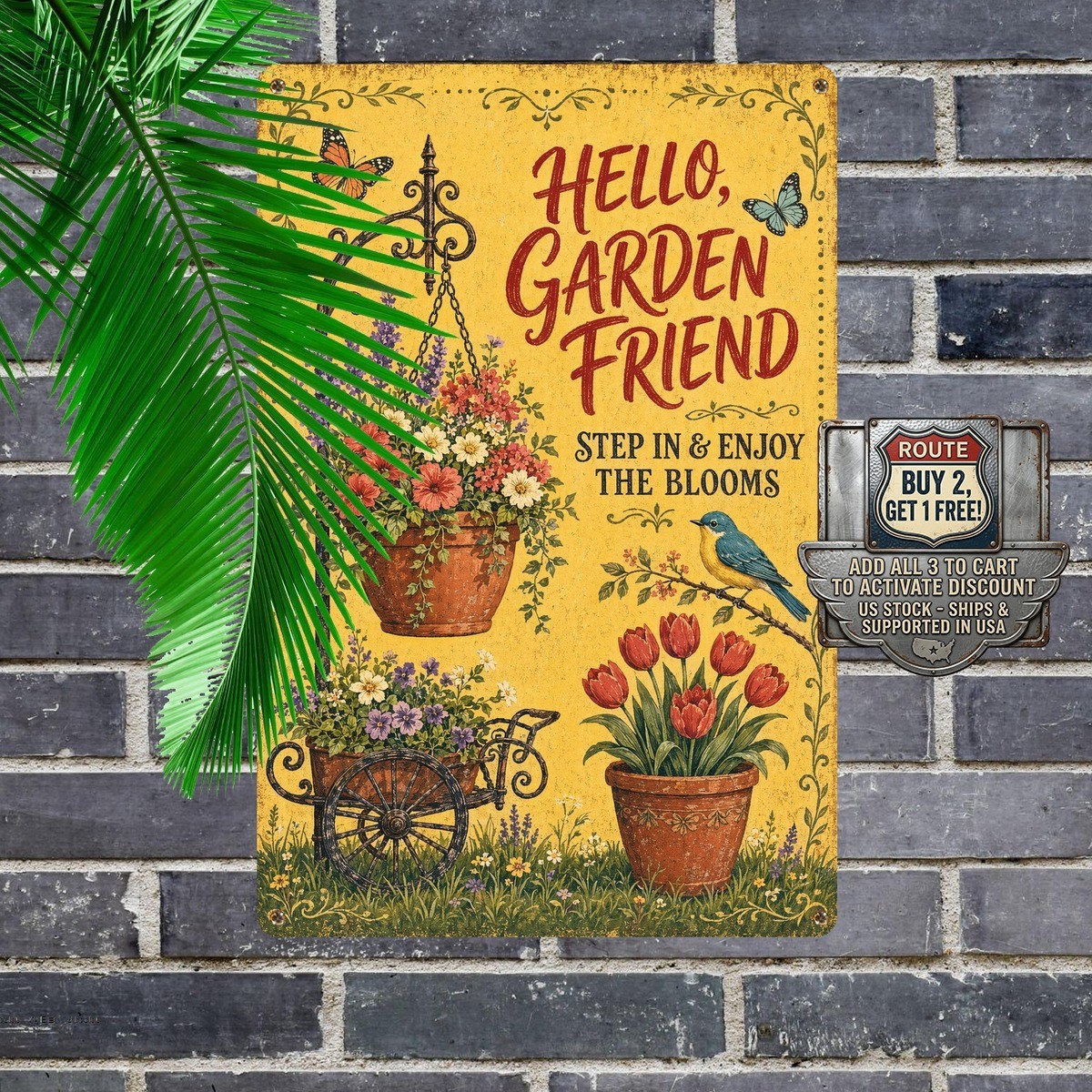 Hanging Flower Pot Illustration Garden Welcome Sign Metal Plaque 8×12