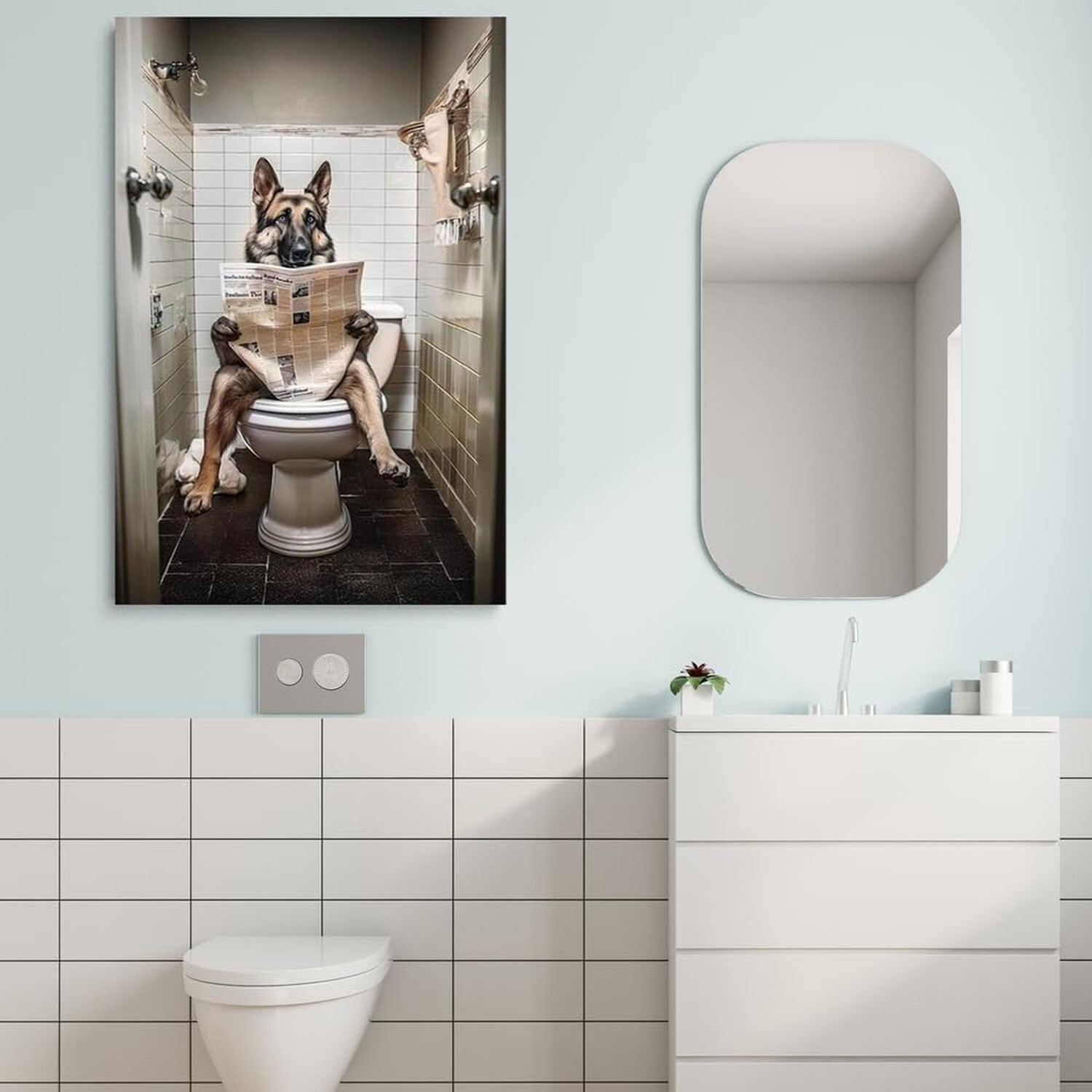 Funny Dog Bathroom Wall Art German Shepherd Dog Reading Newspaper on Toilet A…